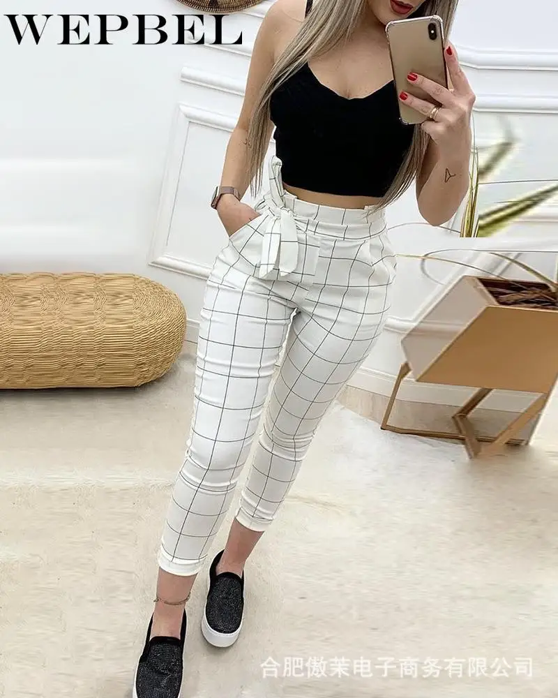 

WEPBEL Women's Casual Plaid Pencil Pants Autumn Lace-up Skinny Pocket High Waist Ankle-Length Pants