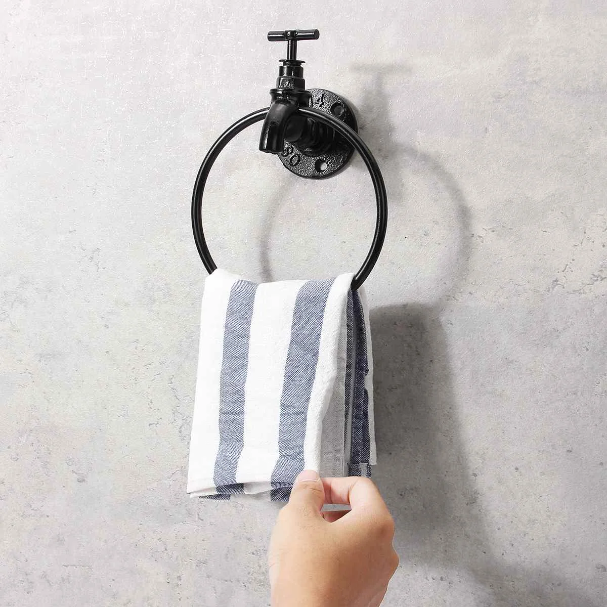 Retro Wall Mounted Towel Ring Holder Kitchen Bathroom Storage Rack Organizer Hanger Storage Shelf Towel Holder Hardware Black