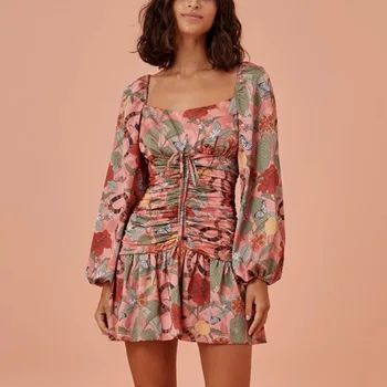

Women Floral Print Summer Dress Holiday Square Collar High Waist Tunic Ruched Dress
