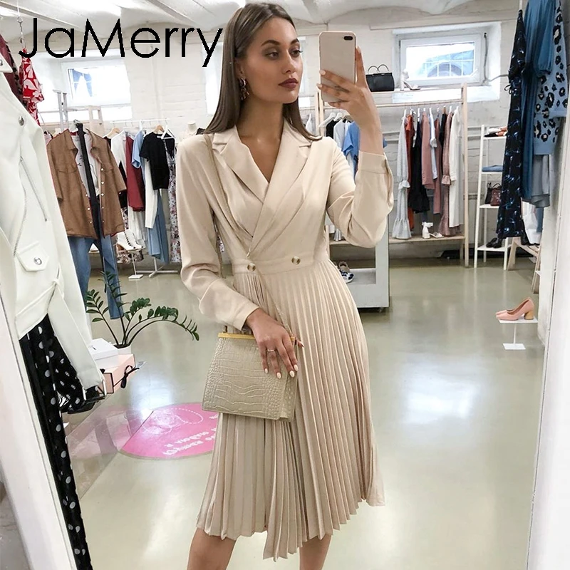 JaMerry винтажное женское элегантное плиссированное платье с отворотом сексуальное