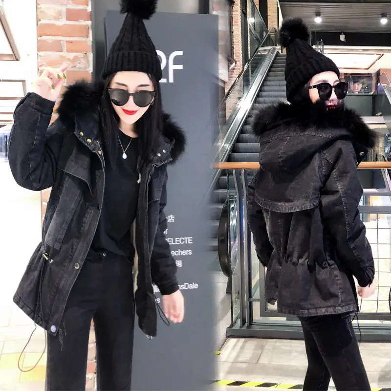 Новинка года; черные джинсовые женские зимние куртки с капюшоном и меховым воротником в Корейском стиле; плотные джинсы jaqueta feminina; облегающие длинные пальто; f1665