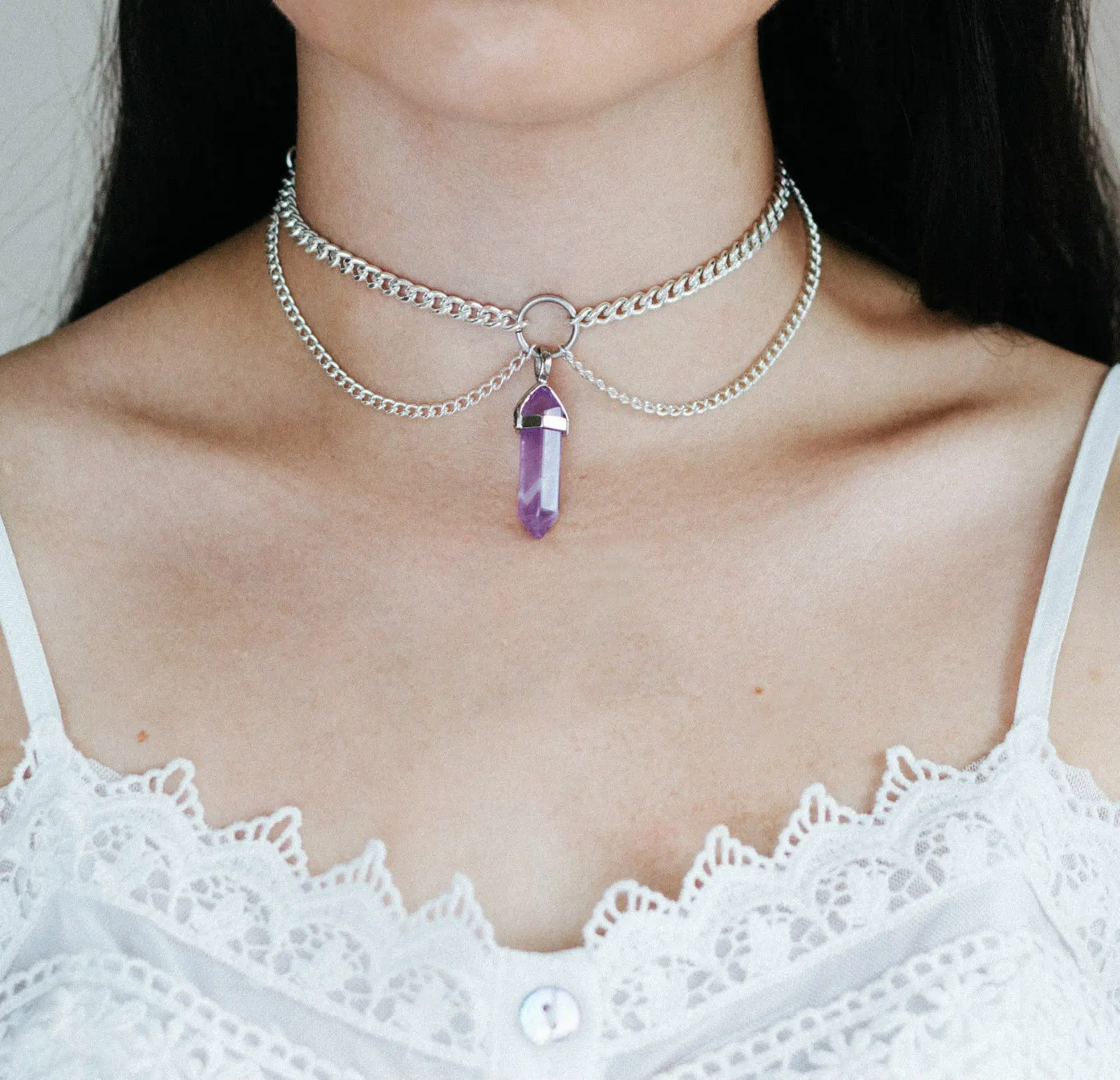 

Women Crystal Quartz Stone Pendant Chain Multi-layer Choker Chunky Statement Bib Necklace Gift