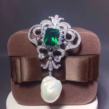 

Baroque pearls Wiht Emerald Cubic Zirconia micro pave flower brooch