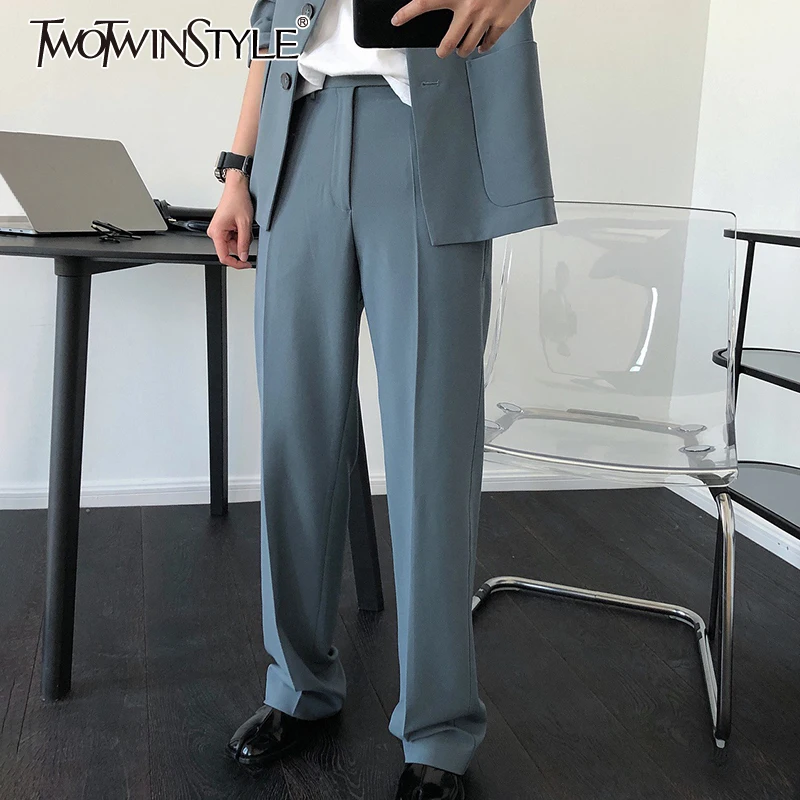 TWOTWINSTYLE Straight Pants For Women High Waist Casual Loose Minimalist Wide Leg Pant Female Fashion New Clothing 2020 Autumn TWOTWINSTYLE Straight Pants For Women High Waist Casual Loose Minimalist Wide Leg Pant Female Fashion New Clothing 2020 Autumn