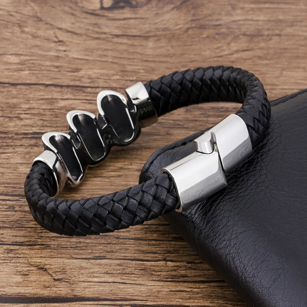 TYO Trendy Woven Rope Magnetic Braided Bone Steel Punk Metal Brand Fashion Wholesale Genuine Leather Men Bracelet Skull - Image 4
