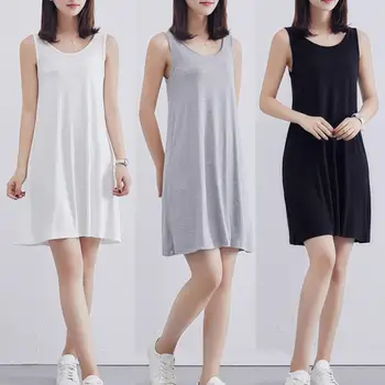 

Summer Women Solid Color Sleeveless Round Neck Loose Elastic Strappy Vest Dress