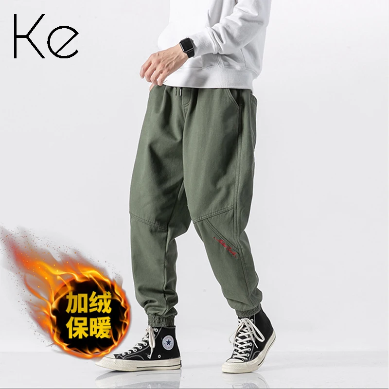 

KE new 2021 men's pants sport plus velvet thickening washed cotton casual pants for young men with embroidery