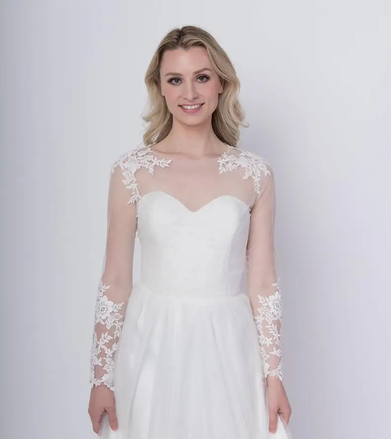 Elegant White Lace Long Sleeves Wedding Bolero Wrap Appliques Custom Made Cheap Bridal Jacket Cape Jewel Neck