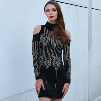 

Female Singer Nightclub Stage Performance Sequins European Paillette Shoulder Velvet Evening Sexy Party Black Dress PC047