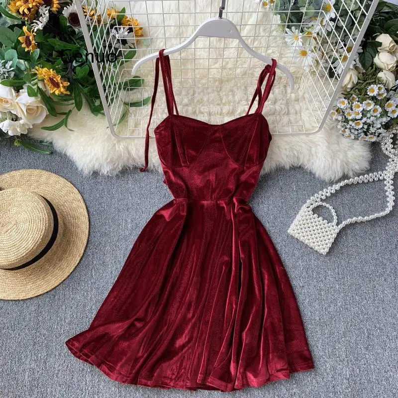 

Elegant Vintage Gothic Spaghetti Strap Dress Early Fall Basic Women Short Party Dresses Slim High Waist Mini Dress