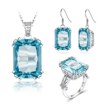 

Natural Blue Aquamarine Vintage Jewelry Set 925 Sterling Silver Ring Earrings Pendant Necklace Sets For Women Fine Jewelry Gifts