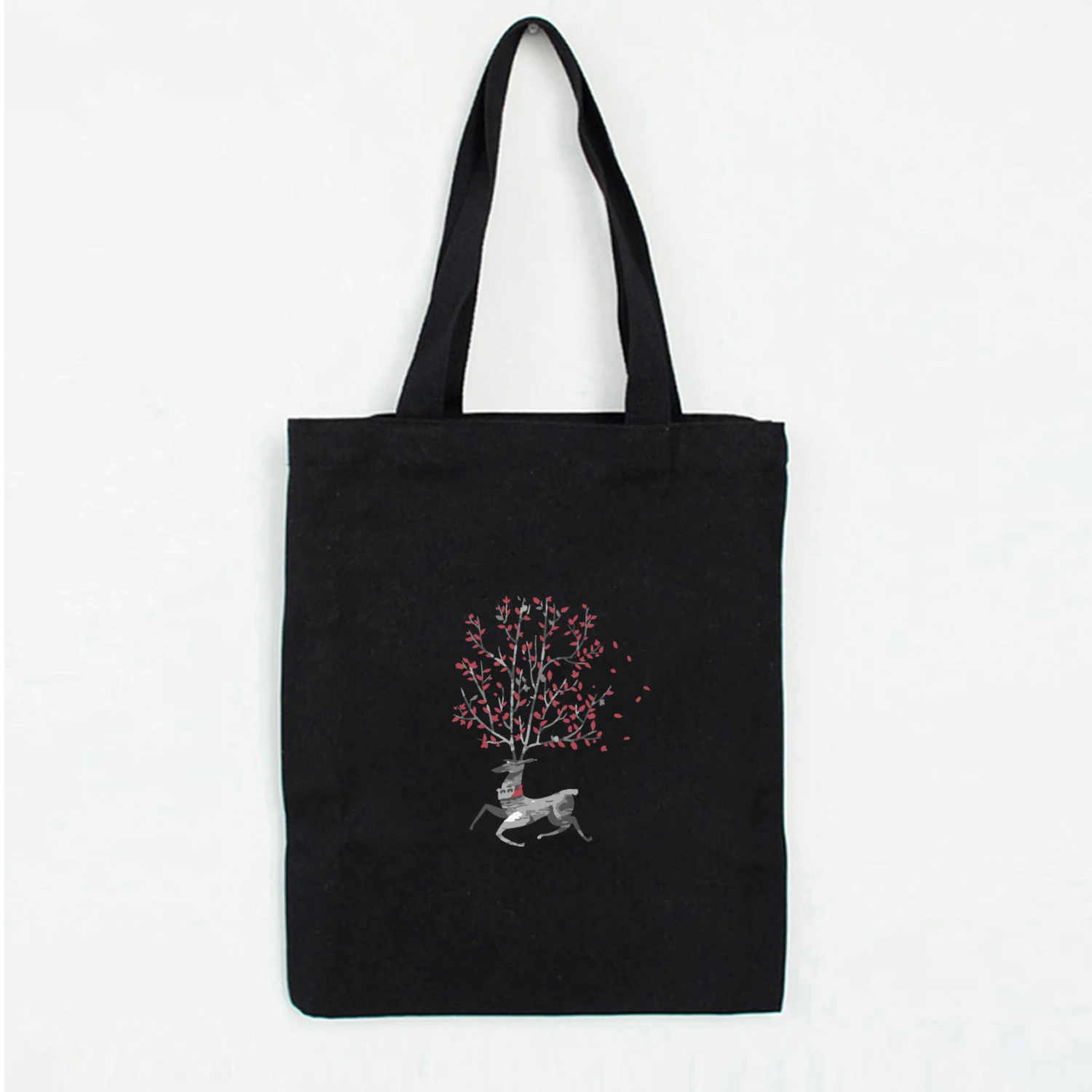 Олень цветок мультфильм печати креативный милый Повседневный экологический Холст сумка кошелек сумка через плечо многоразовая сумка для покупок тканевая Складная Милая - Цвет: B134BLACK