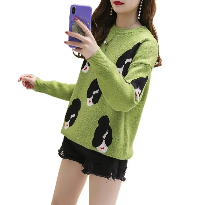 

Fashion Cartoon Beauty Head Pattern Embroidered Sweater Women's Korean Loose Knitwear 2019 Autumn Winter Long Sleeve Sweater