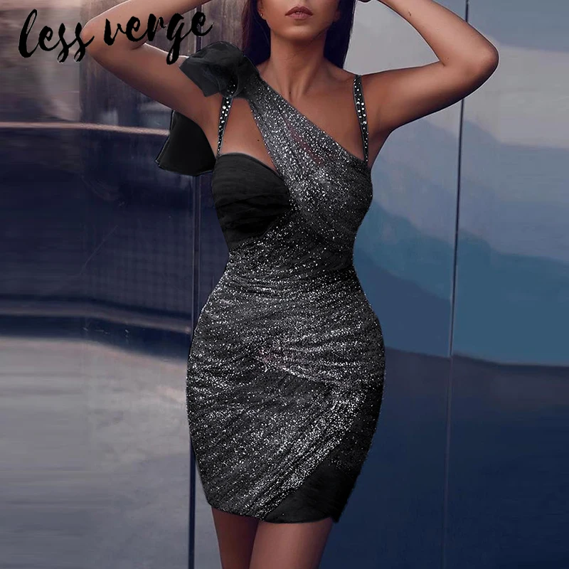 Lessverge, элегантное Сетчатое облегающее сексуальное платье с пайетками, женское лоскутное Бандажное синее рождественское платье, вечерние платья на осень и зиму, черное платье