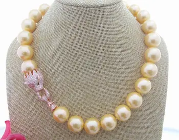 

18" 16MM Golden Round Sea Shell Pearl Necklace Cz Clasp