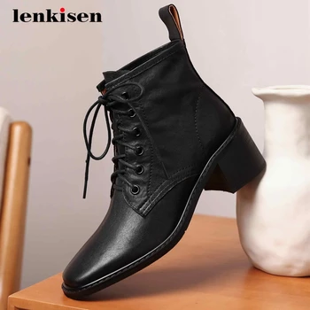 

Lenkisen work boots genuine leather gorgeous dating square toe thick high heel lace up office lady dress mature ankle boots L3f1