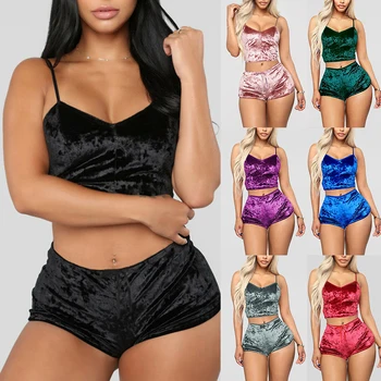 

Fashion Women 2pcs Velvet Sleepwear Sexy Spaghetti Strap Solid Shorts Pajama Set Ladies Homewear Female Pajama Party Sets