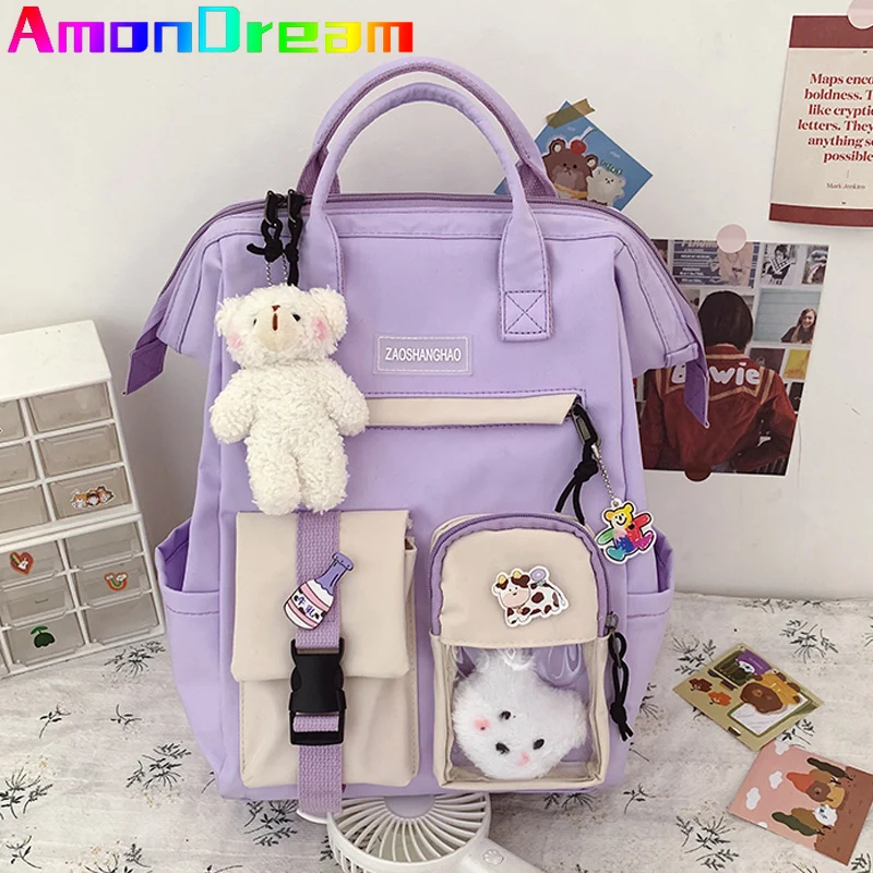 Cute Purple Backpack Women Preppy Waterproof Candy Colors Backpacks