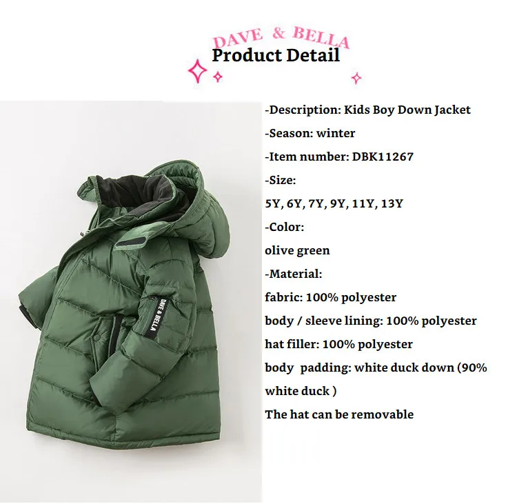 DBK11267 dave bella kids boy down jacket children 90% white duck down outerwear fashion solid hooded zipper coat