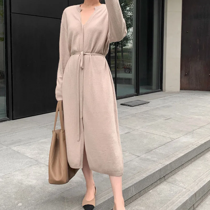 

Knitted Dress Vintage Brief V-Neck Warm Drawstring Lace-Up Loose Ladies Sweater Elegant Women's Dresses