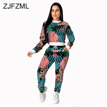 

Leaves Print Casual Two Piece Outfit Women O Neck Long Sleeve Hoodie and Bodycon Pant Sweatsuits Streetwear 2 Piece Matching Set