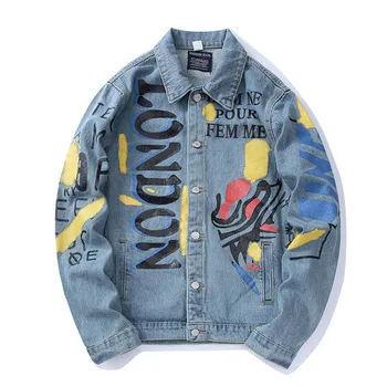 

KIOVNO Men's Graffiti Painted Denim Jackets Hip Hop Printed Jeans Jackets Streetwear For Male Clothing