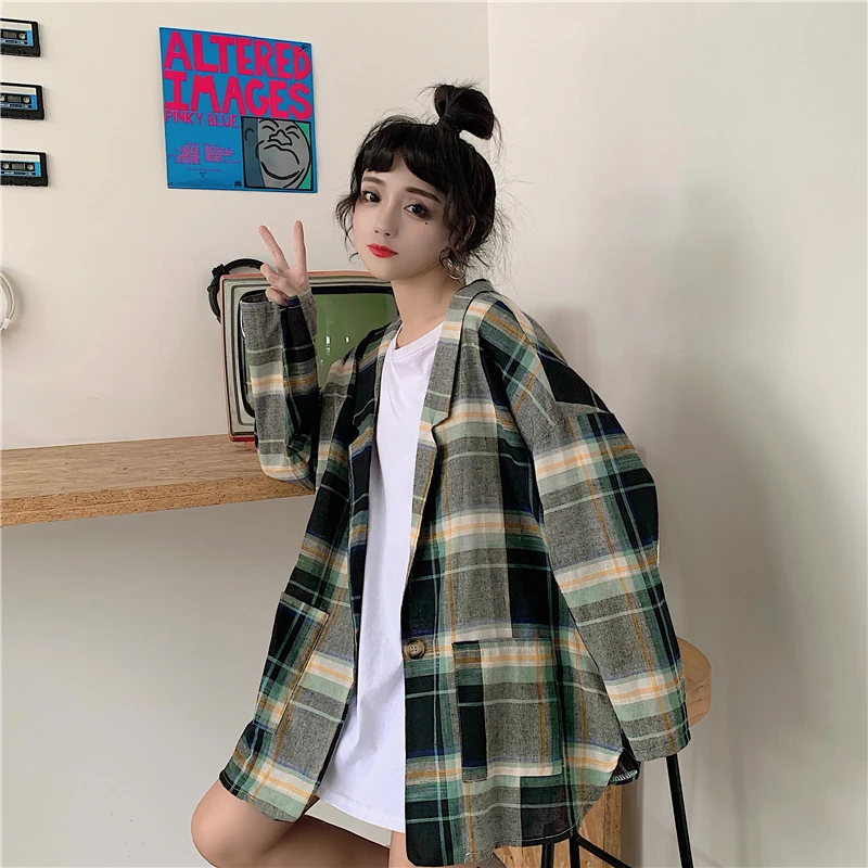 Цена+ 5 фотосессий~ корейский стиль Harajuku BF ретро плед тонкий хлопок лен элегантный текстурированный длинный рукав костюм женское пальто