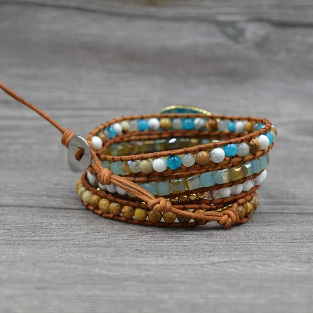Unisex Retro Natural Stone Vintage Charm RFID Blocking Bracelets Wristband Gift Leather Mixed Handmade Unique