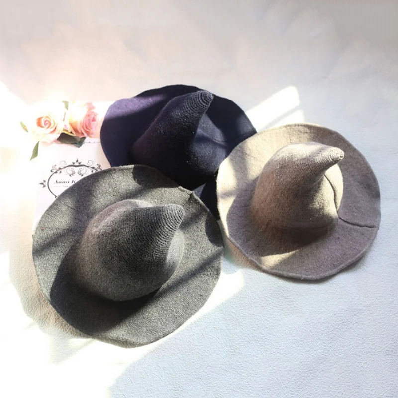 Зимняя новая шляпа ведьмы на Хэллоуин разнообразная овчина шерстяная шапка вязанная Солнцезащитная Женская Косплей винтажные Остроконечные шапки для женщин