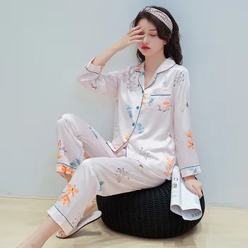 

New Silk Pajamas Set Satin Pajamas For Women Pajamas Long Sleeve Floral Sleepshirts Print Sleepwear Casual Homewear Lounge Wear