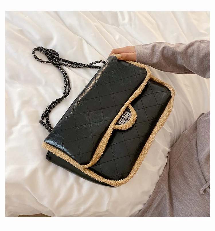 [BXX] Fur Designer Large Capacity Crossbody Bags For Women Winter Messenger Shoulder Bag Lady Chain Lock Handbags HJ812