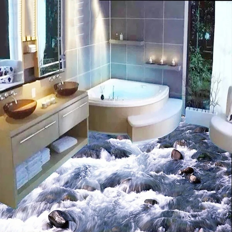 Custom 3D Floor Mural River Waterfall Natural Scenery Self-adhesive Wallpaper Bathroom Floor Background Wall Decor Wall Paper