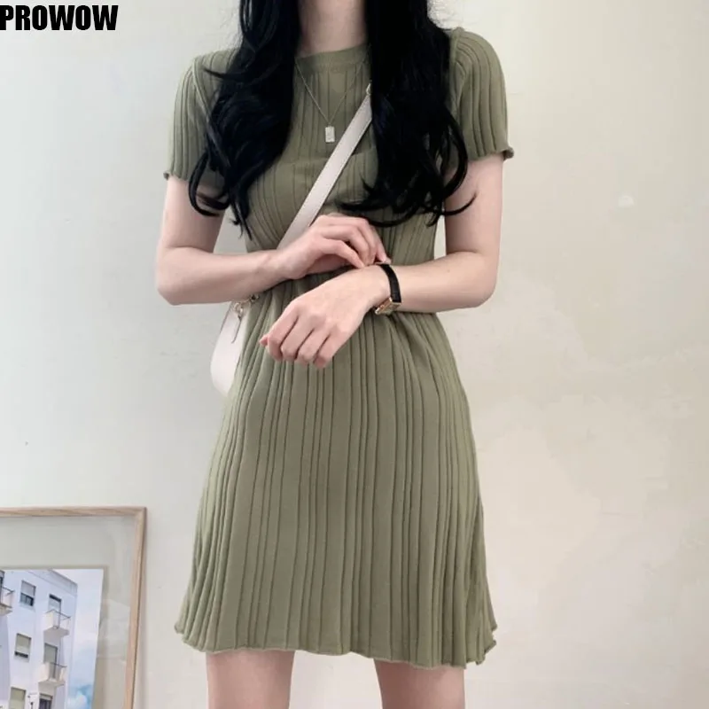 2020 Summer Stripe Knitting Women Dress Korean Retro O Neck Short Sleeve Mini Dress Ladies New Arrival A-Line Dress