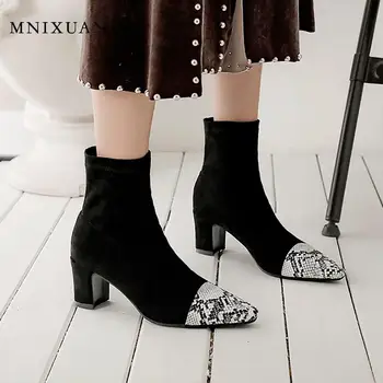 

MNIXUAN Women Shoes 2019 Spring Autumn Square High Heels Ankle Boots Snake Print Leopard Shoes black Block Heel Shoes big size10
