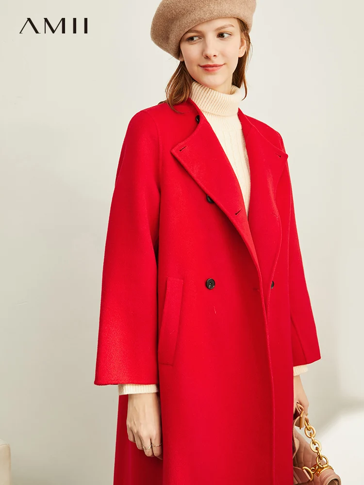 

Amii Retro Red Woolen Coat Winter Women Loose Solid Pockets Turn Down Collar Female Mid Long Jackets 11970743
