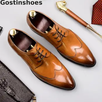 

Formal Derby Shoes Men Genuine Leather Black Brown Color Wing Tip Lace-up Pointed Toe Leather Shoes Dress For Wedding Business