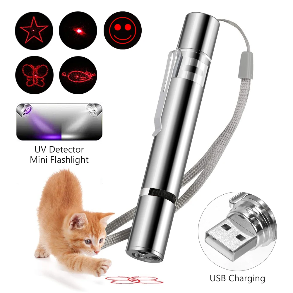 White LED Light Kids Cat Toy 2 in 1 USB Rechargeable Red Laser Pointer Pen 