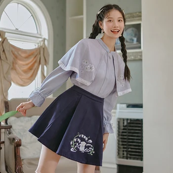 

2 piece sets Autumn Girl embroidery Suede Cape shirt + Woolen skirt Retro student suit Fashion Cute Women's sets