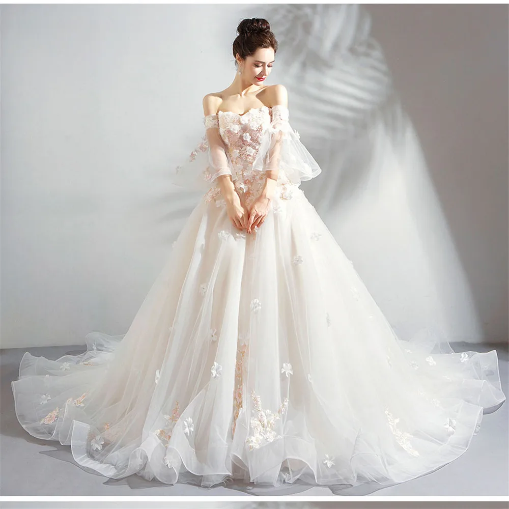 Perlen Kleid большой шлейф Фея Выпускные платья с вышивкой цветок колокольчик рукав