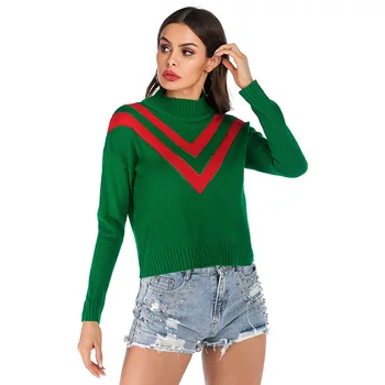 

2020 Green Striped Chic Turtleneck Women Sweaters And Pullovers Spring Winter Slim Knit Tops Long Sleeve Female Jumpers Loose