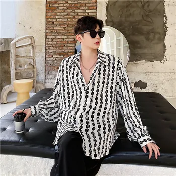 

Male Streetstyle Loose Shirt Beach Shirt Men Retro Fashion Print Casual Long Sleeve Shirts