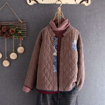 

National style women's cotton coat winter retro literary new diamond-shaped corduroy cotton jacket short section ladies coat