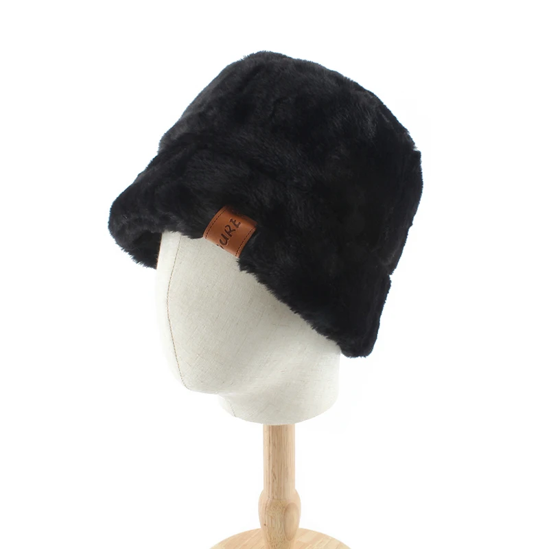 

Faux Fur Winter Black Bucket Hat For Women Girl Fashion Solid Thick Soft Warm Fisherman Hat Outdoor Vacation Panama Bob Cap