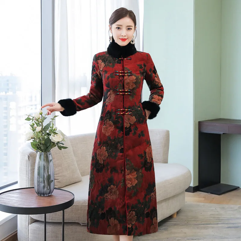 

2019 Winter Retro Silk Long White Duck down Fur Collar down Jacket Real Silk Chinese-style Chinese Costume Coat Cotton-padded Cl