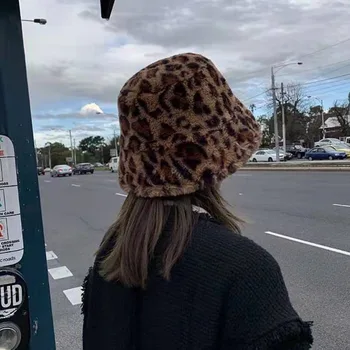 

New Leopard Print Winter Bucket Hat for Women Fashion Solid Thickened Soft Warm Fishing Cap Outdoor Vacation Hat Cap Lady Panama