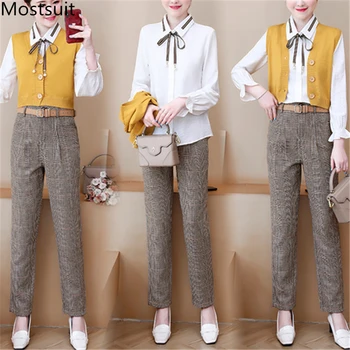 

Office 3 Piece Sets Outfits Women Plus Size Shirt+vest+pants Suits 2019 Autumn Vintage Elegant Fashion Korean Three Pieces Sets