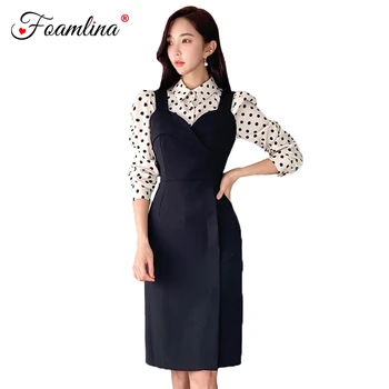 

Foamlina Elegant Women Two Pieces Sets Polka Dot Print Long Sleeve Blouse and Strap Sleeveless Midi Bodycon Dress Work Suits
