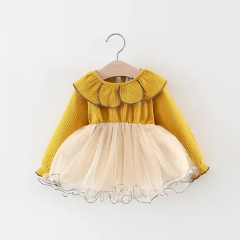 

kids baby girls clothing casual long sleeve dress toddler girl Peter Pan collar patchwork pretty princess clothes 0-24M