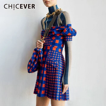 

CHICEVER Plaid Hit Color Women's Dresses Strapless Ruffle Sleeve High Waist Slim Mini Dress Female 2020 Fashion Clothes New Tide