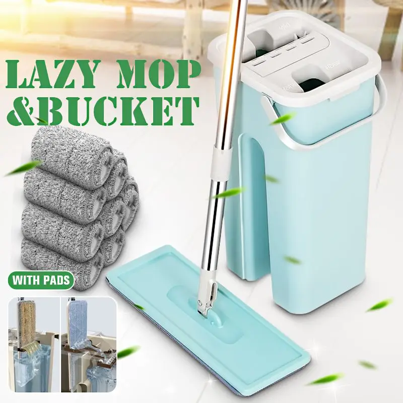 Flat Squeeze Mop and Bucket Hand Free Wringing Floor Cleaning Mop Dry Wet Dual Use Home Kitchen Floor Cleaning Mops